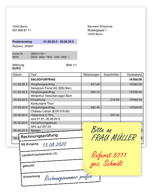 Example of a paper invoice. The invoice shows information about the invoice recipient and invoice issuer as well as the time period in question, the reference number, account number, IBAN, and a copy of part of a bank statement. Two other notes are attached to this invoice. One is a label showing the date the invoice was received. The other is a post-it note requesting that the invoice be forwarded to a colleague for checking.