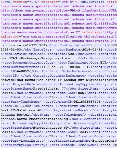 Part of an electronic invoice written in XML code.