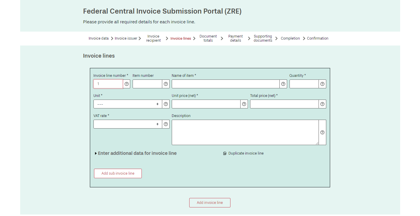 Adding sub invoice lines using the web submission form in the ZRE
