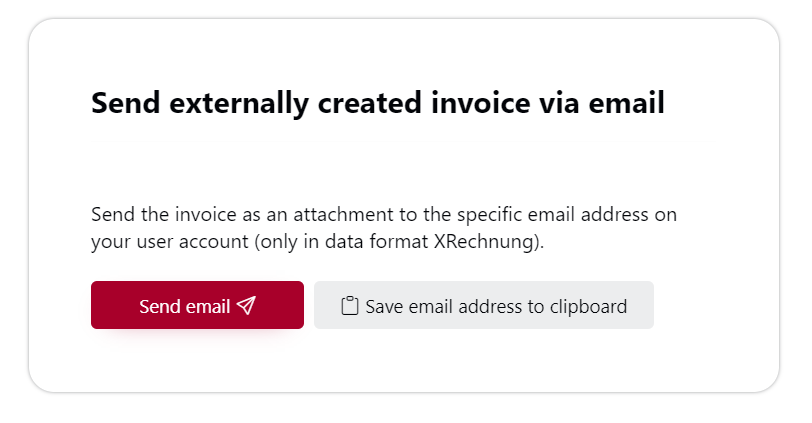 Screenshot showing one of the options available on the navigation dashboard of the OZG-RE portal. The option shown is titled “Send externally created invoice via email”.