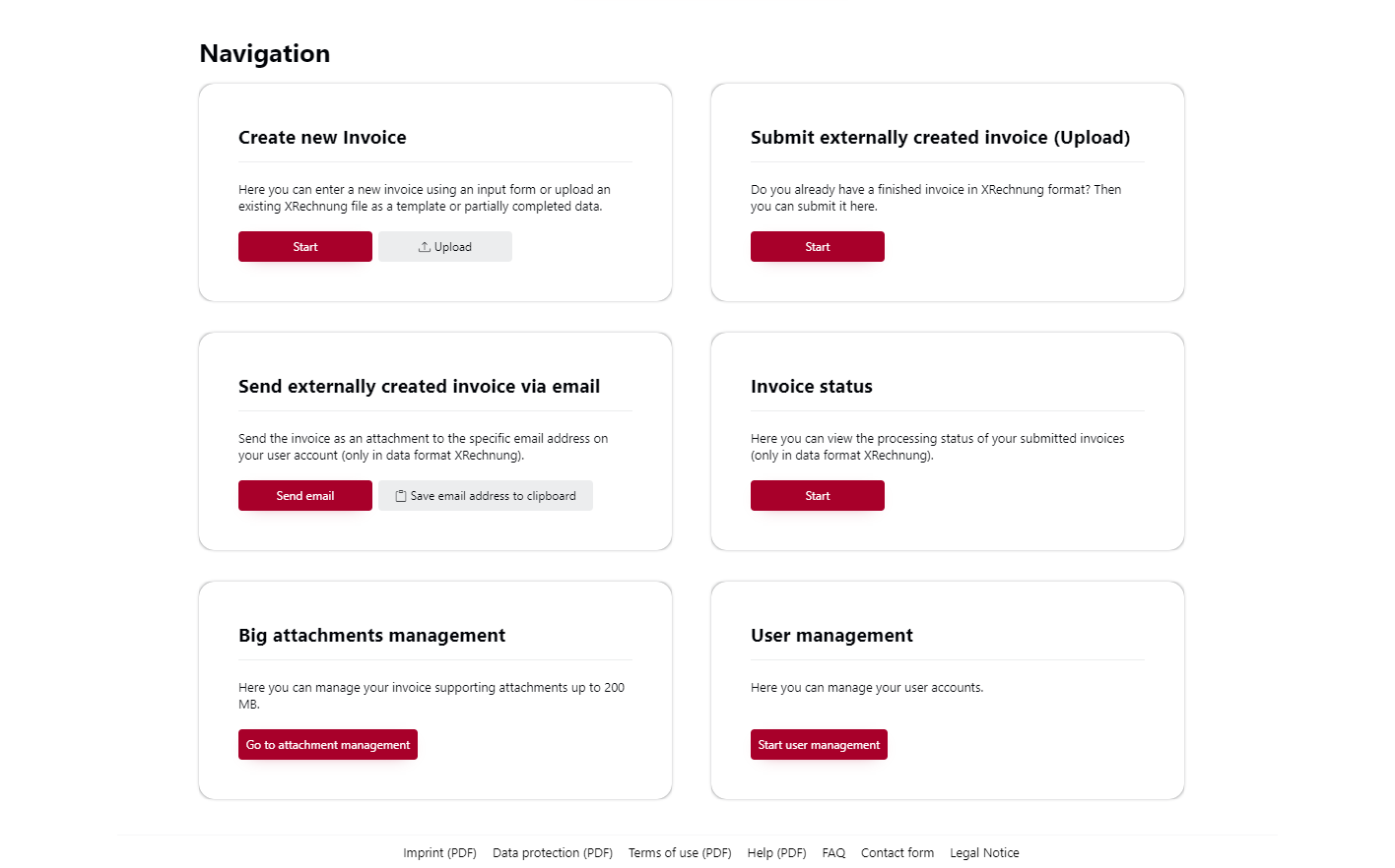 Screenshot showing the navigation dashboard of the OZG-RE portal. There are six options to choose from: 1. Create new invoice, 2. Submit externally created invoice (Upload), 3. Send externally created invoice via email, 4. Invoice status, 5. Large attachments management, 6. Start user management.