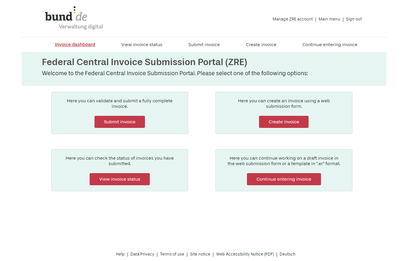 Screenshot showing the invoicing dashboard of the ZRE portal. There are four options to choose from: 1. Submit invoice, 2. Create invoice, 3. View invoice status, 4. Continue entering invoice.