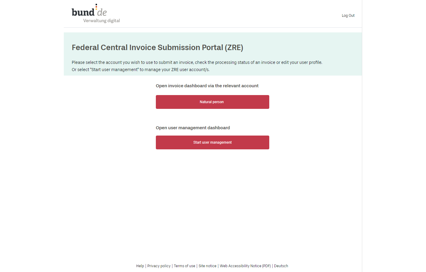 Screenshot showing the main menu of the ZRE portal. There are two options to choose from: 1. Open the invoicing dashboard via your “natural person” ZRE account, 2. Open the user management dashboard (to manage your account or company account).