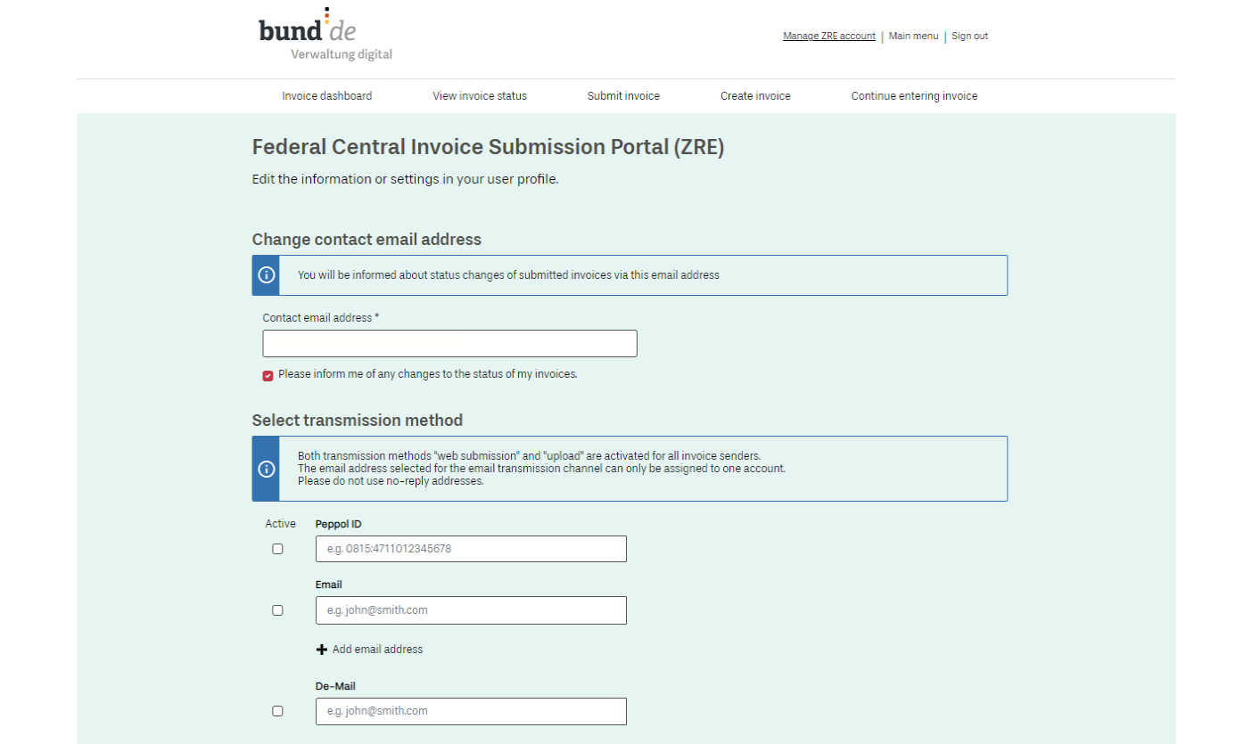 Screenshot showing the ZRE user profile page, where you can edit your information and settings. There is a field in which to enter an email address for notifications about changes to the status of your submitted invoices. And there are fields for activating transmission methods and entering the appropriate information: Peppol ID, email address or De-Mail address.