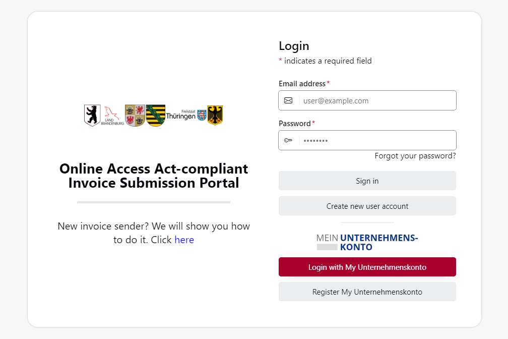 Screenshot showing the login page of the OZG-RE portal. You can either sign in to an existing user account (“Anmelden”) or register a new account (“Registrieren”).