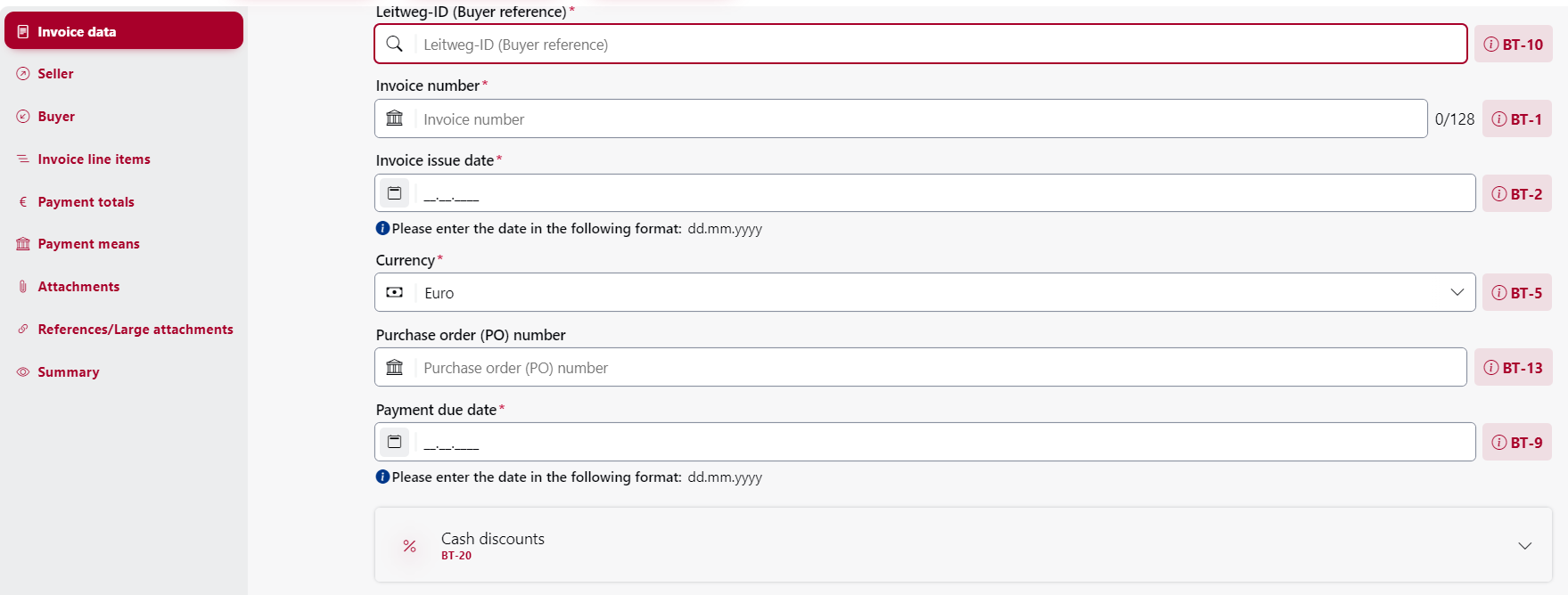 The screenshot shows a form within the OZG-RE platform for entering invoice data.