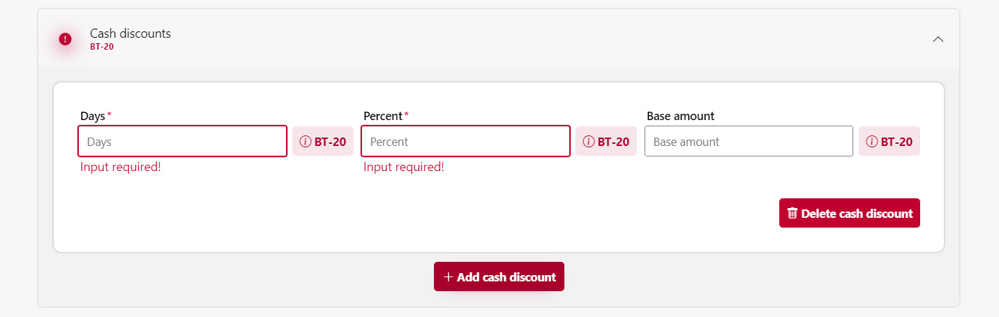 The screenshot shows a form within the OZG-RE platform for entering cash discount details.