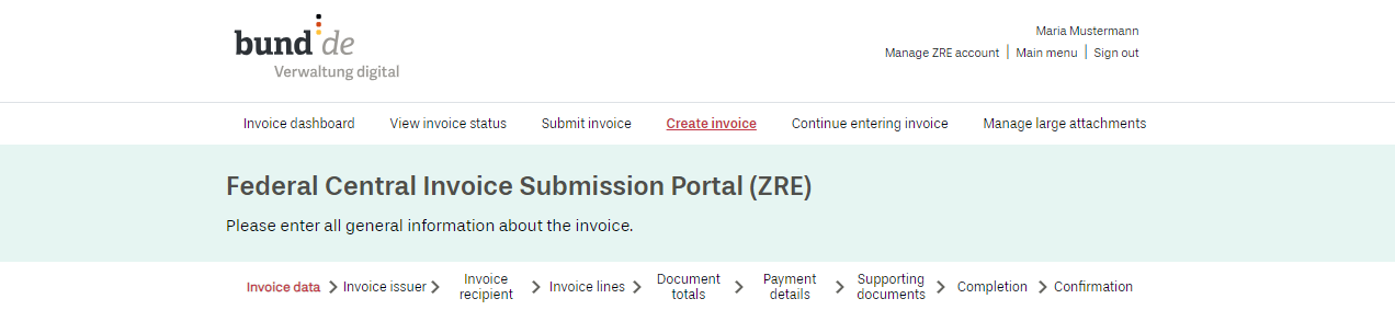 The screenshot shows the menu of the ZRE portal and highlights the “Create invoice” button and the “Invoice data” step.