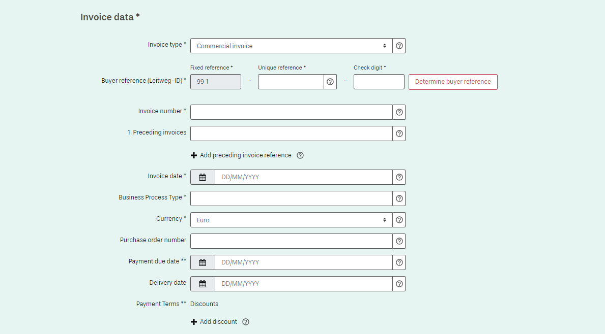 The screenshot shows the form for entering invoice data on the ZRE platform.